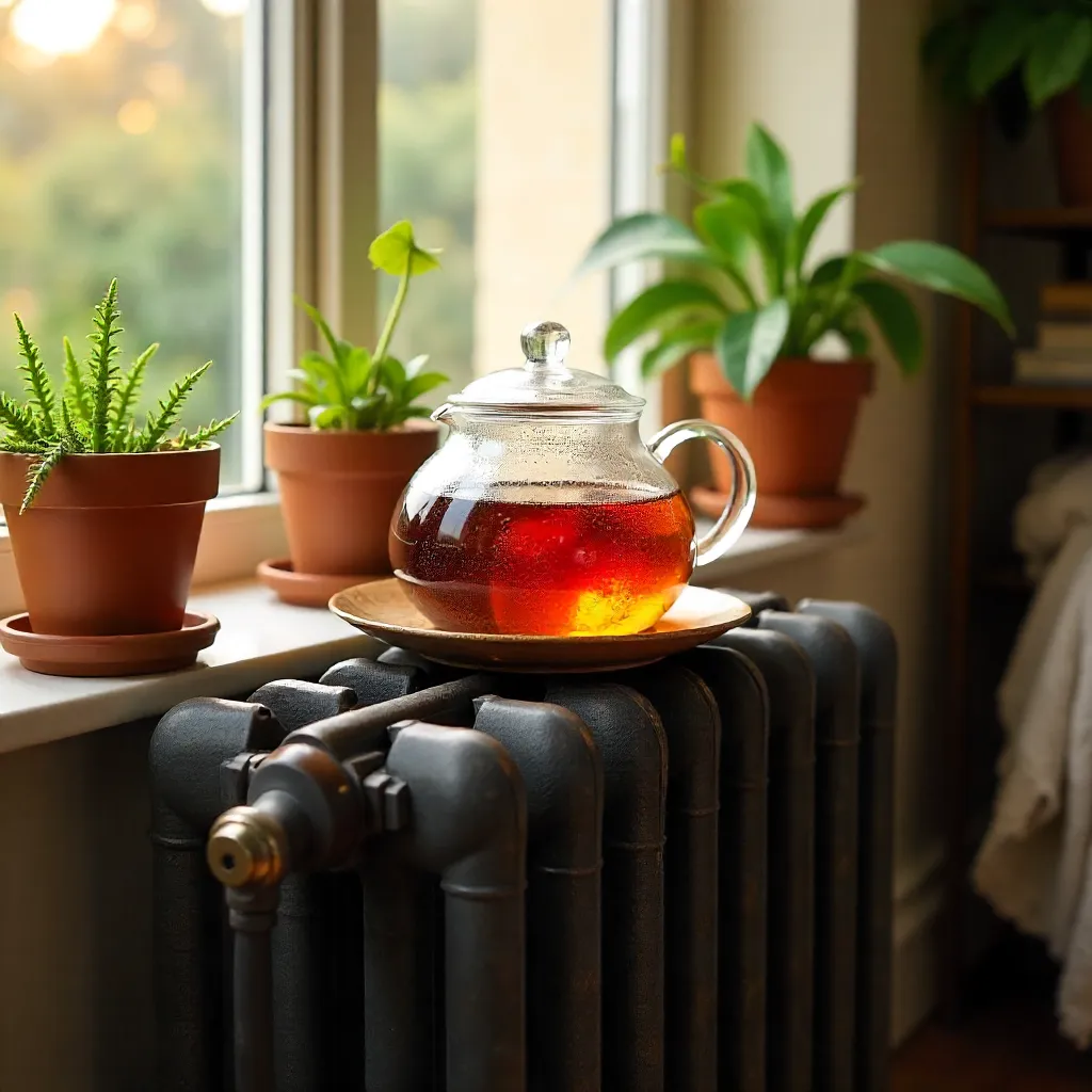 Glass Teapot and Mug on a Radiator with Plants