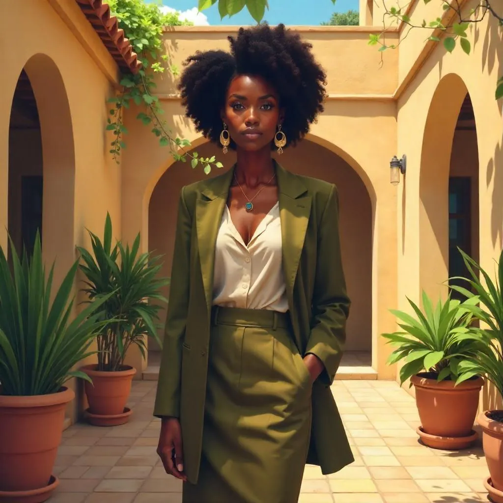 Courtyard Confidence: Digital Portrait of a Black Woman