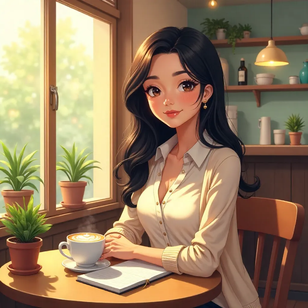 Elegant Latina Woman in an Anime Coffee Shop