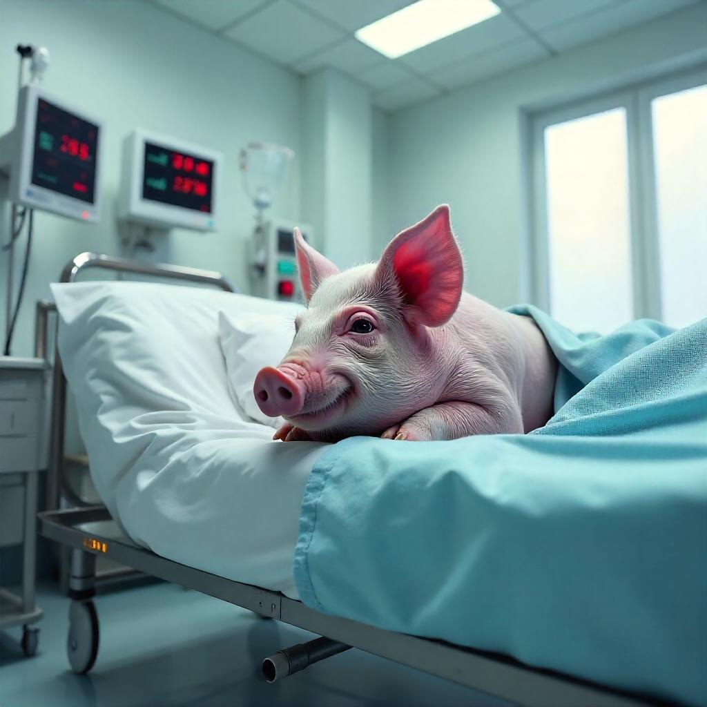 Photorealistic Pig Resting in a Hospital Room