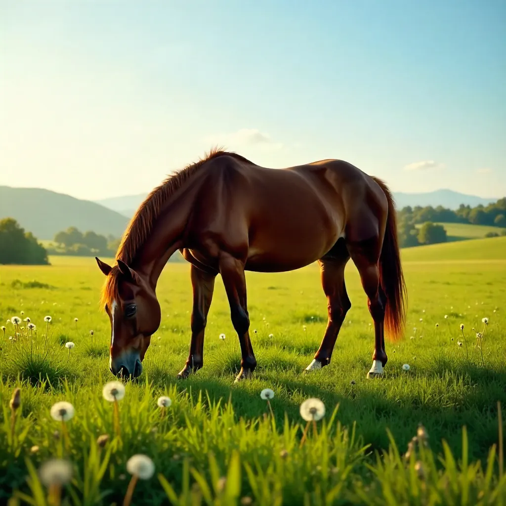 Tranquil Brown Horse Grazing in a Sunlit Pasture