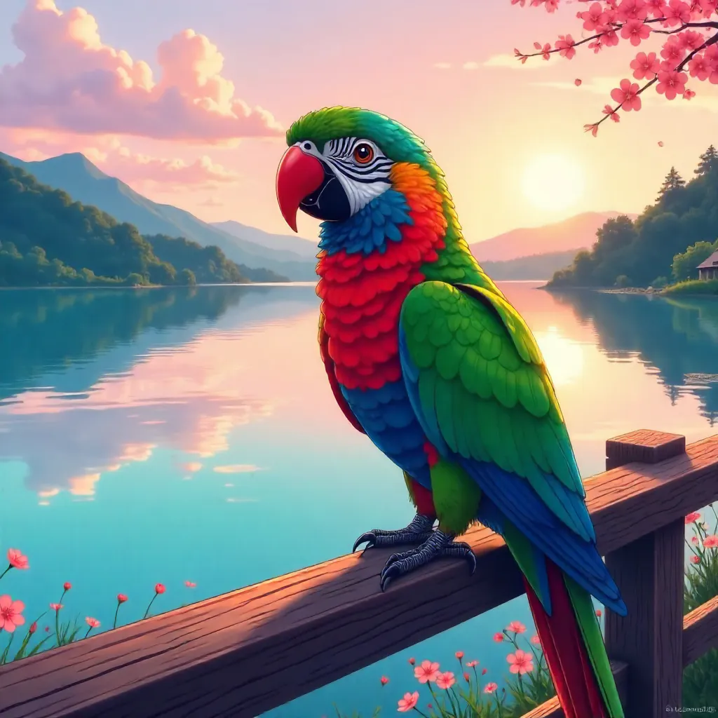 Anime Parrot by a Serene Lakeside