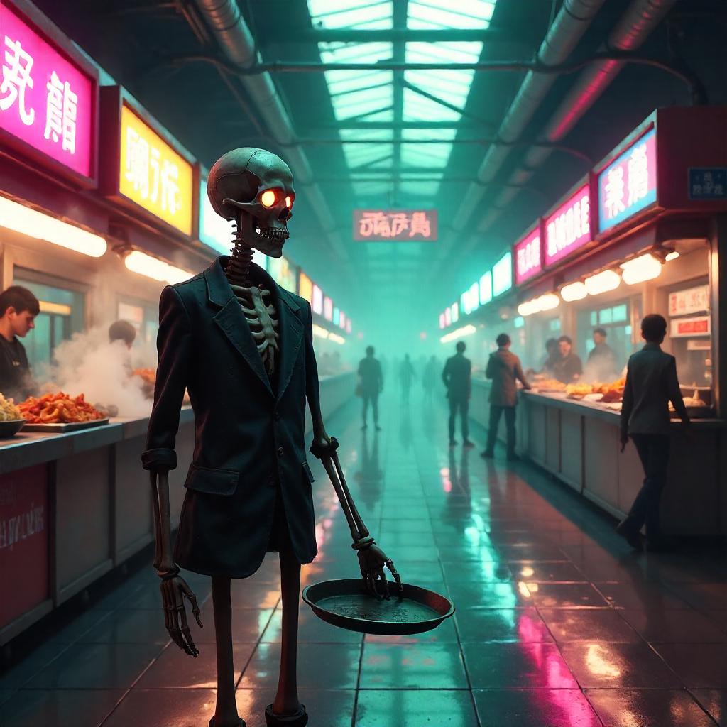 Skeleton in a Neon Food Court - Concept Art