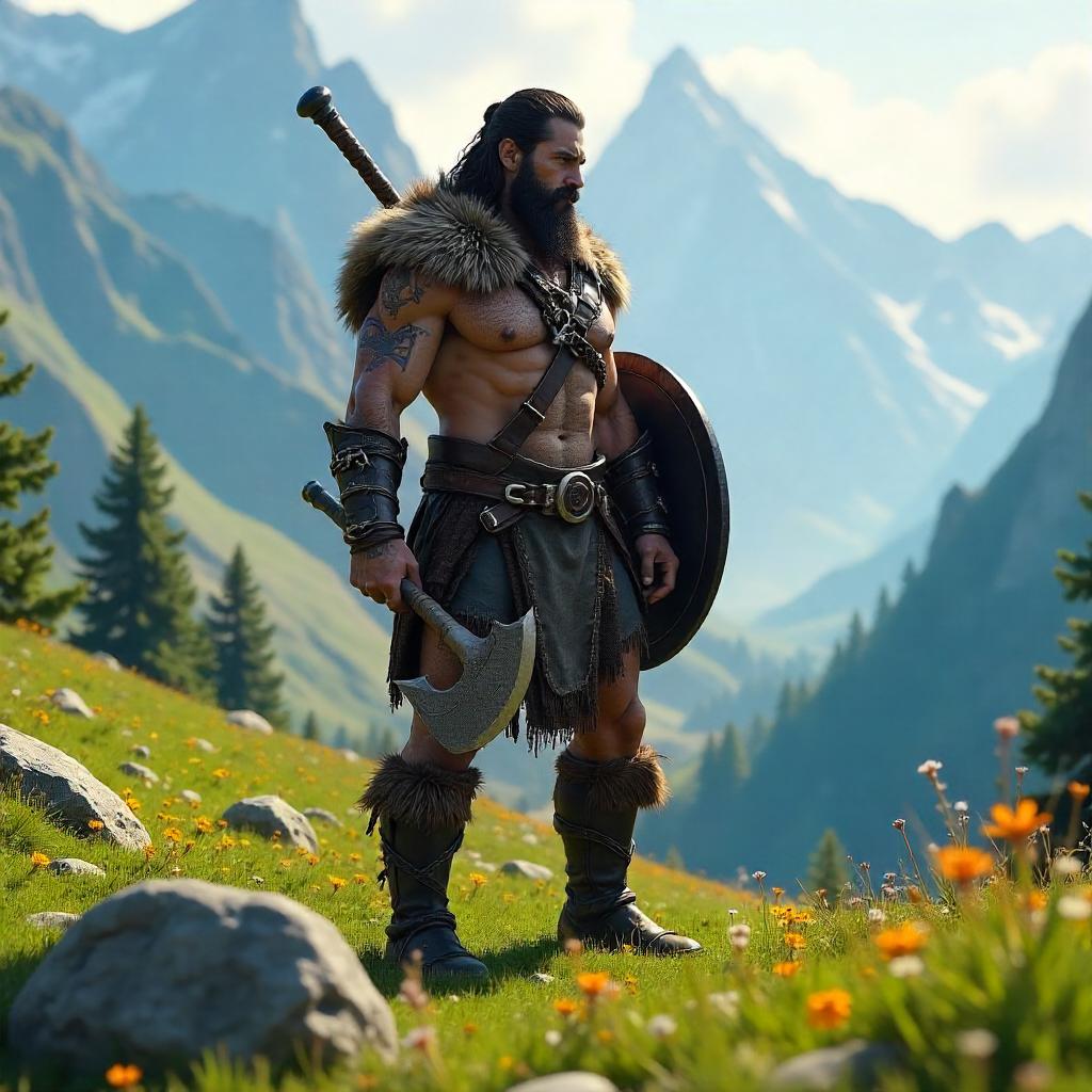 Barbarian Warrior in an Alpine Meadow (3D Render)