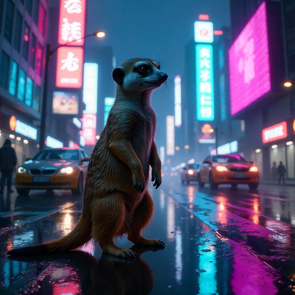 Midnight Neon Meerkat in a Cyberpunk City