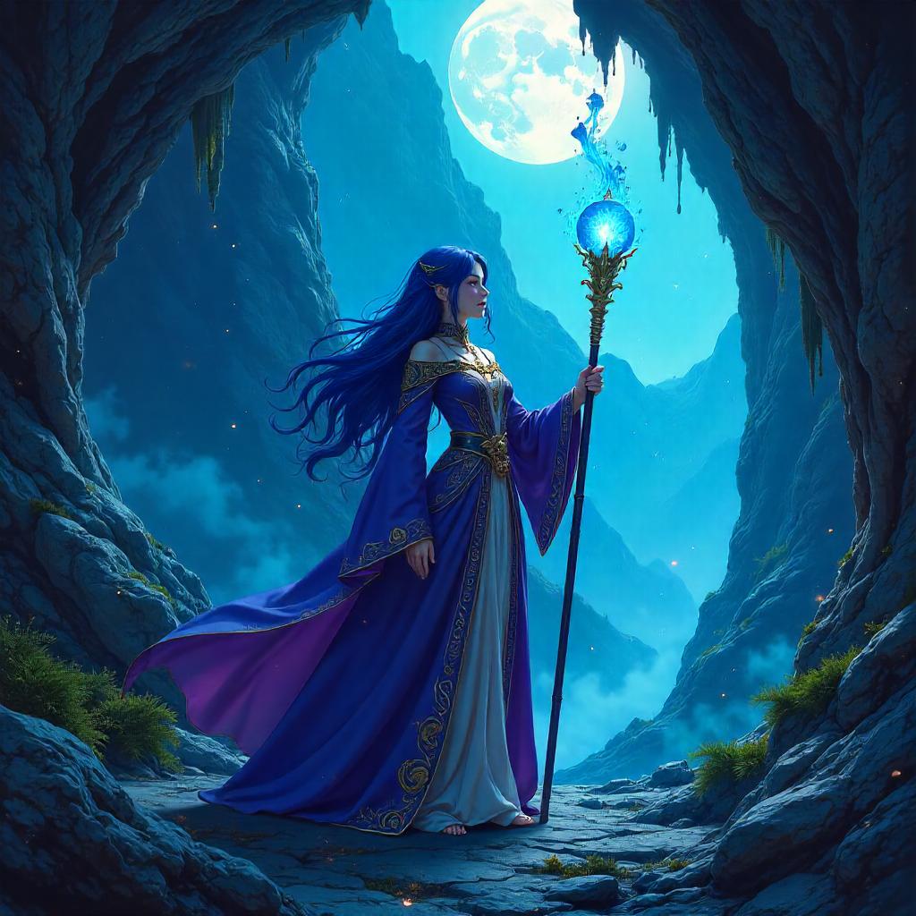 Moonlit Mountain Cave Sorceress in Anime Style