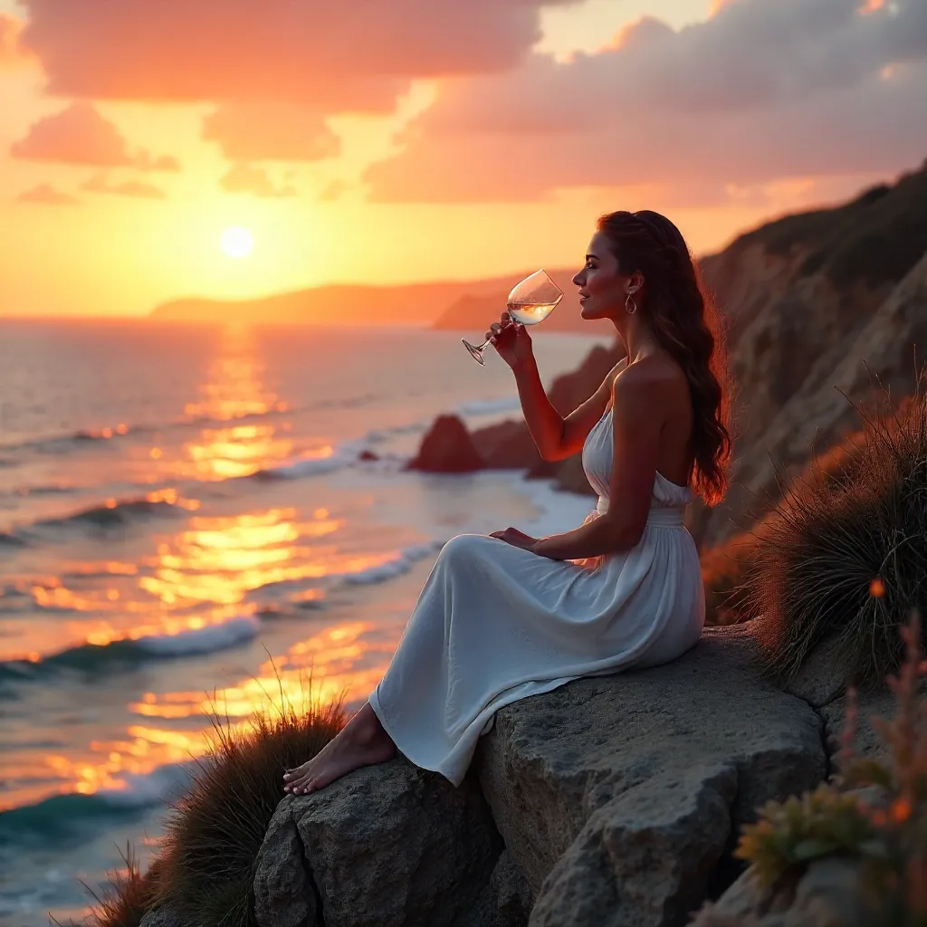 Sunset Cliffside View: Woman with a Drink