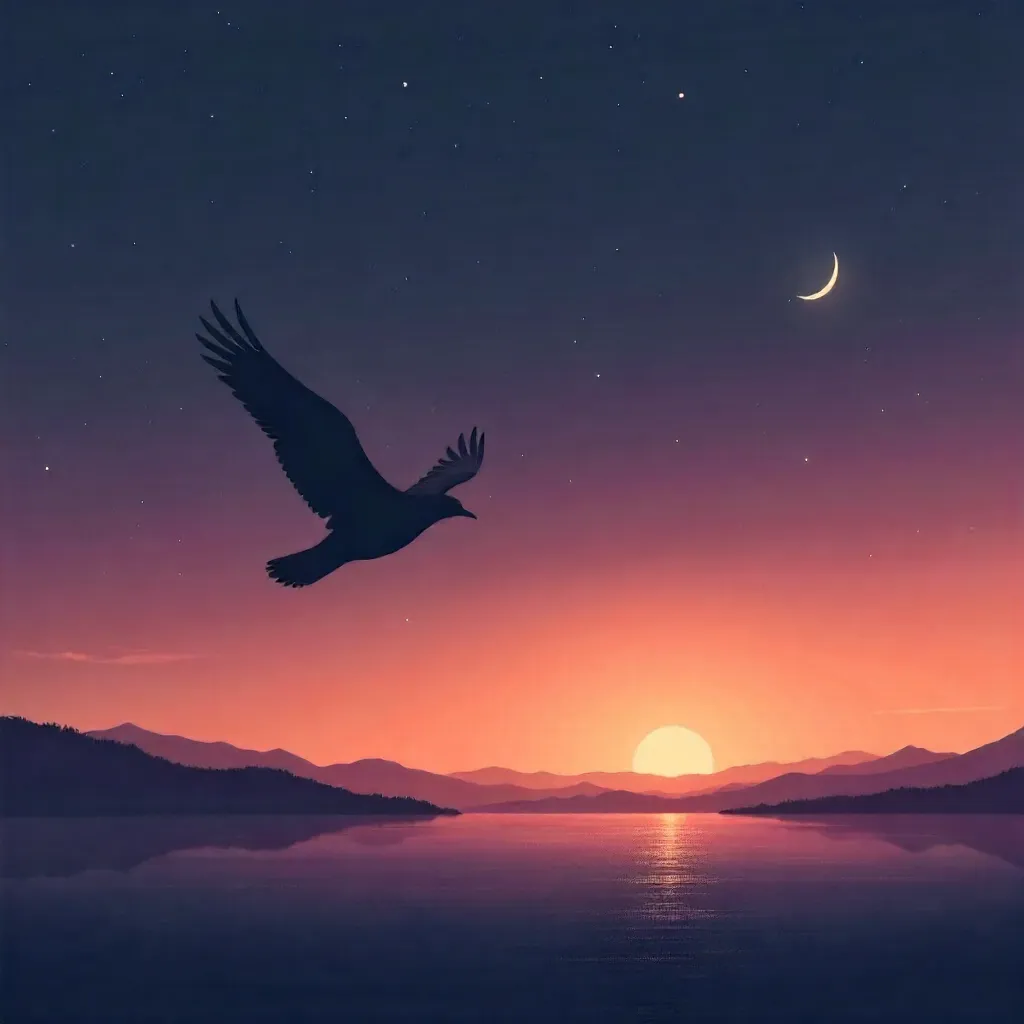 Silhouette of a Bird and Crescent Moon at Twilight