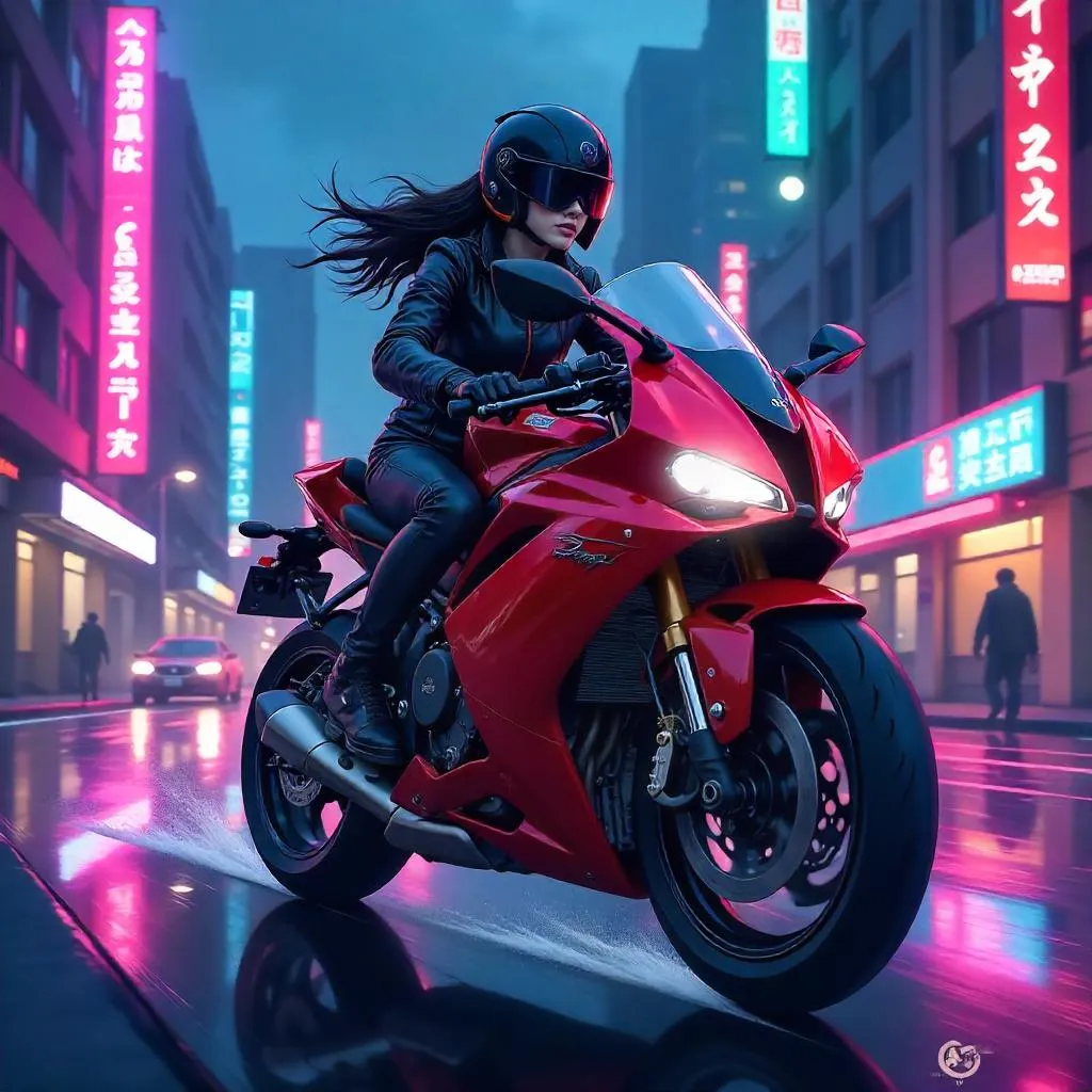 Neon Night Ride: Anime Rider on a Motorcycle