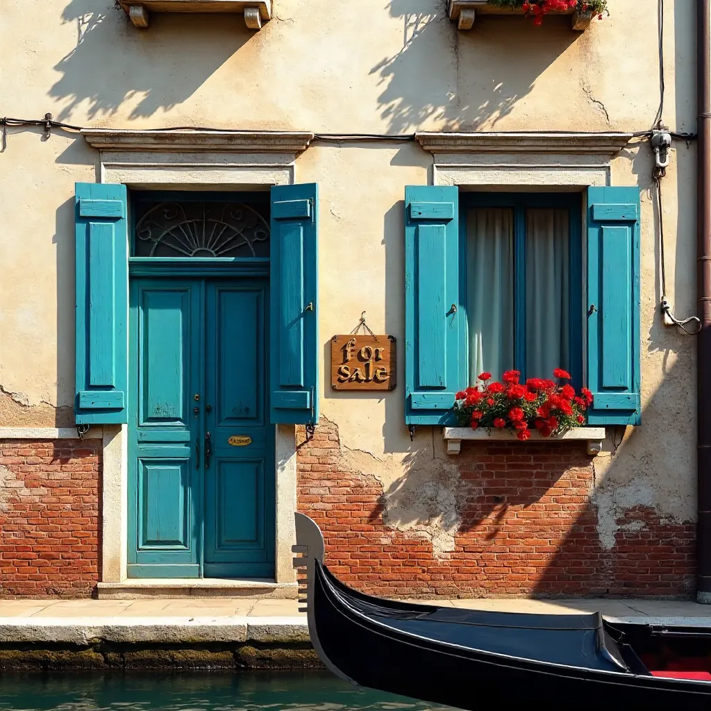 Venetian Charm: Blue Shutters and For Sale Sign