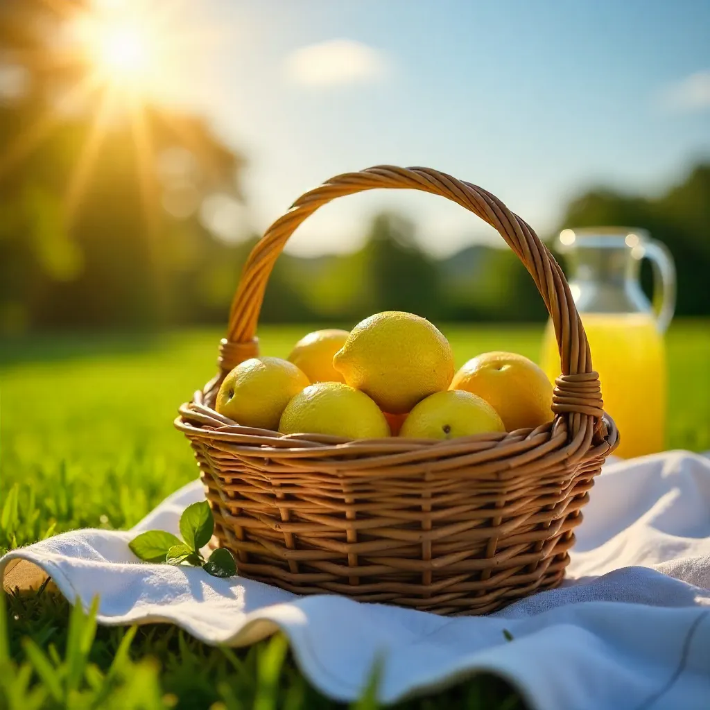 Sunny Lemon Picnic: Basket on White Blanket