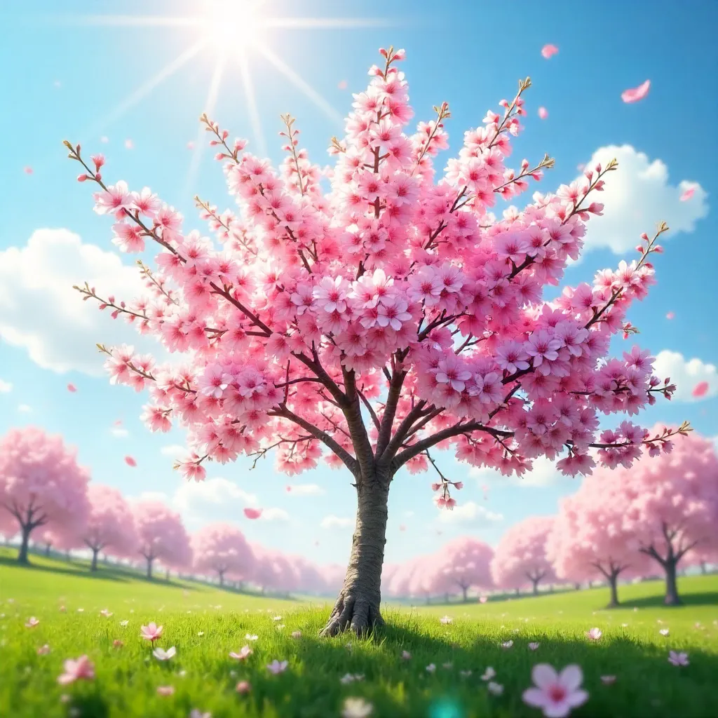 Pink Cherry Blossom in Full Bloom Under Bright Spring Sun