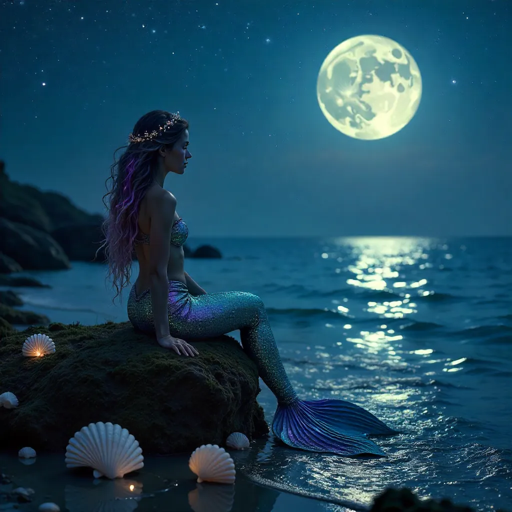Starry Night Mermaid Among Shimmering Seashells