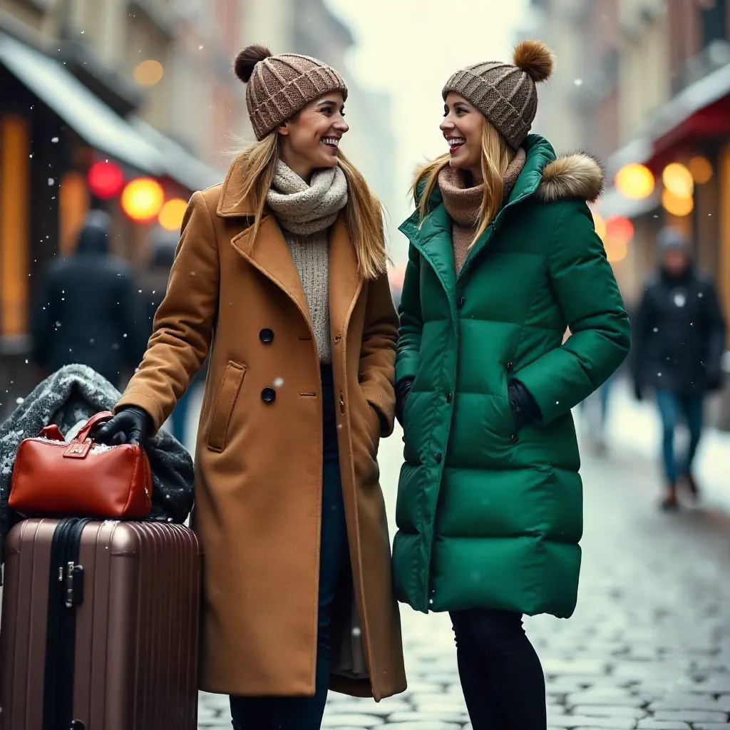 Two Stylish Women Laughing in Snow with Luggage Cart