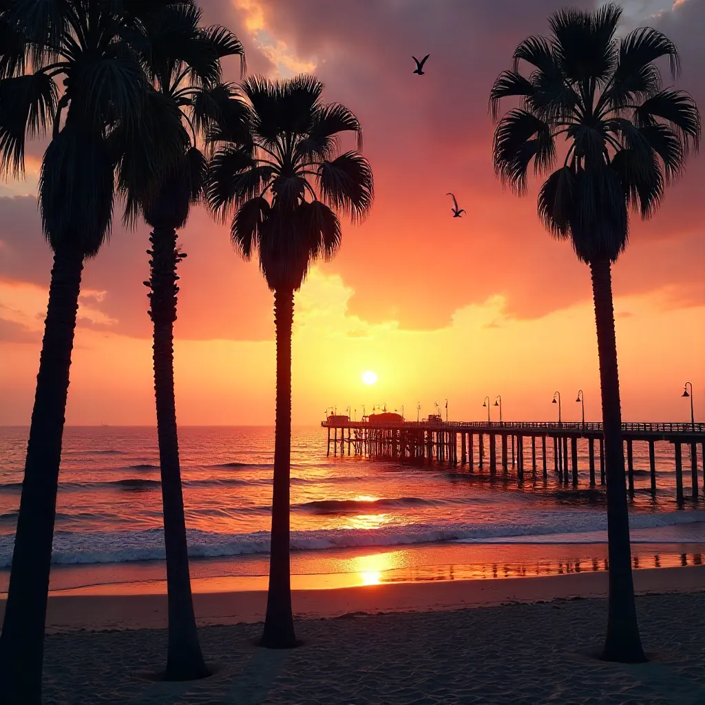 Silhouette Palms Over Manhattan Beach Pier Sunset