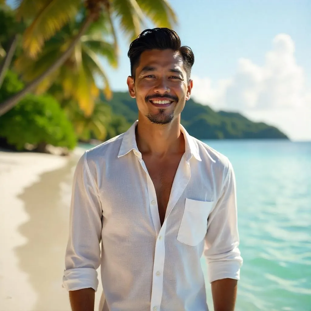 Photorealistic Asian Man in a Tropical Paradise