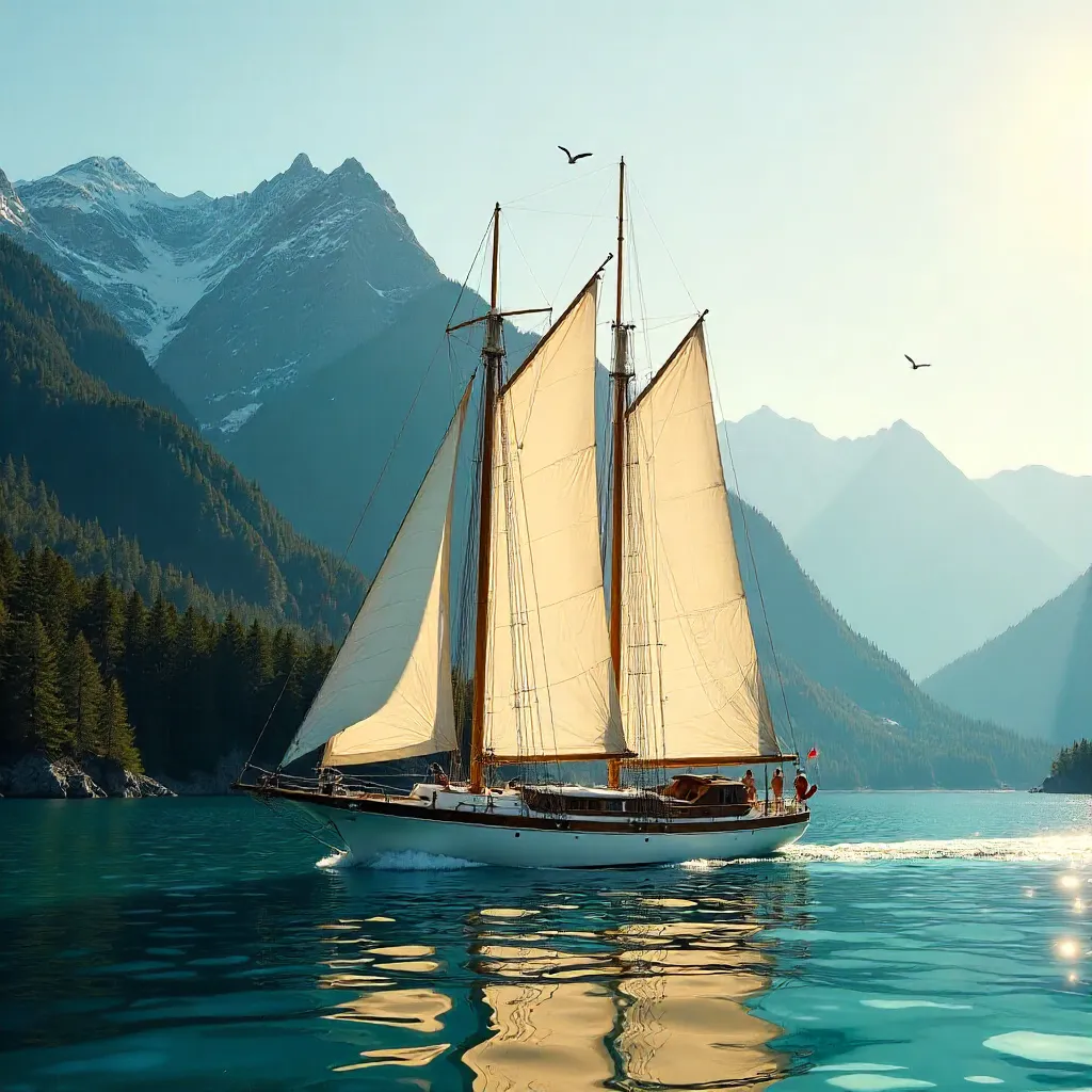 Sailboat Under Forested Mountain Backdrop