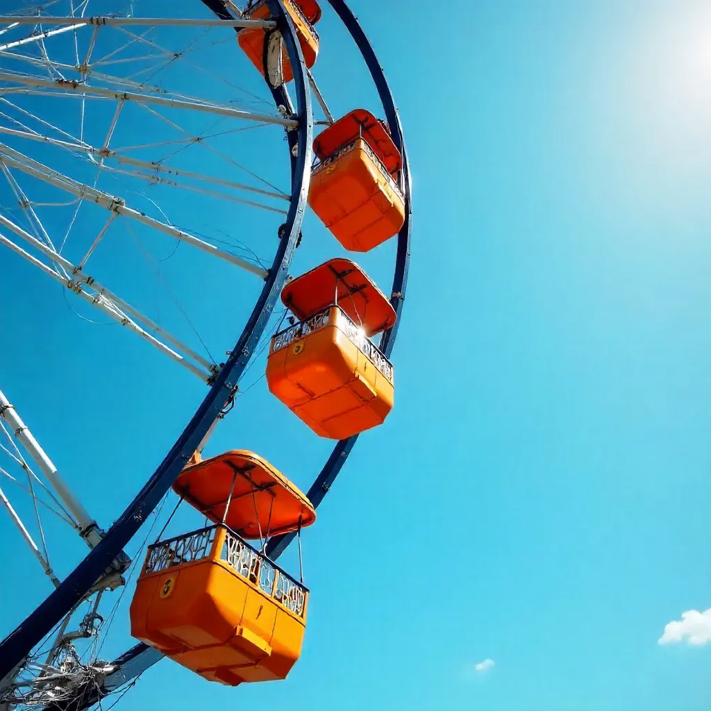 Half-Cropped Ferris Wheel with Orange Cabins Under Blue Sky