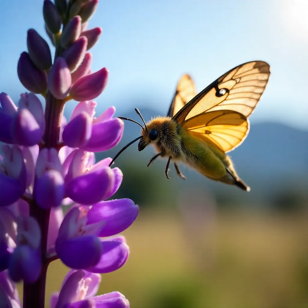 Hovering Hawk Moth Among Purple Lupines in Boulder
