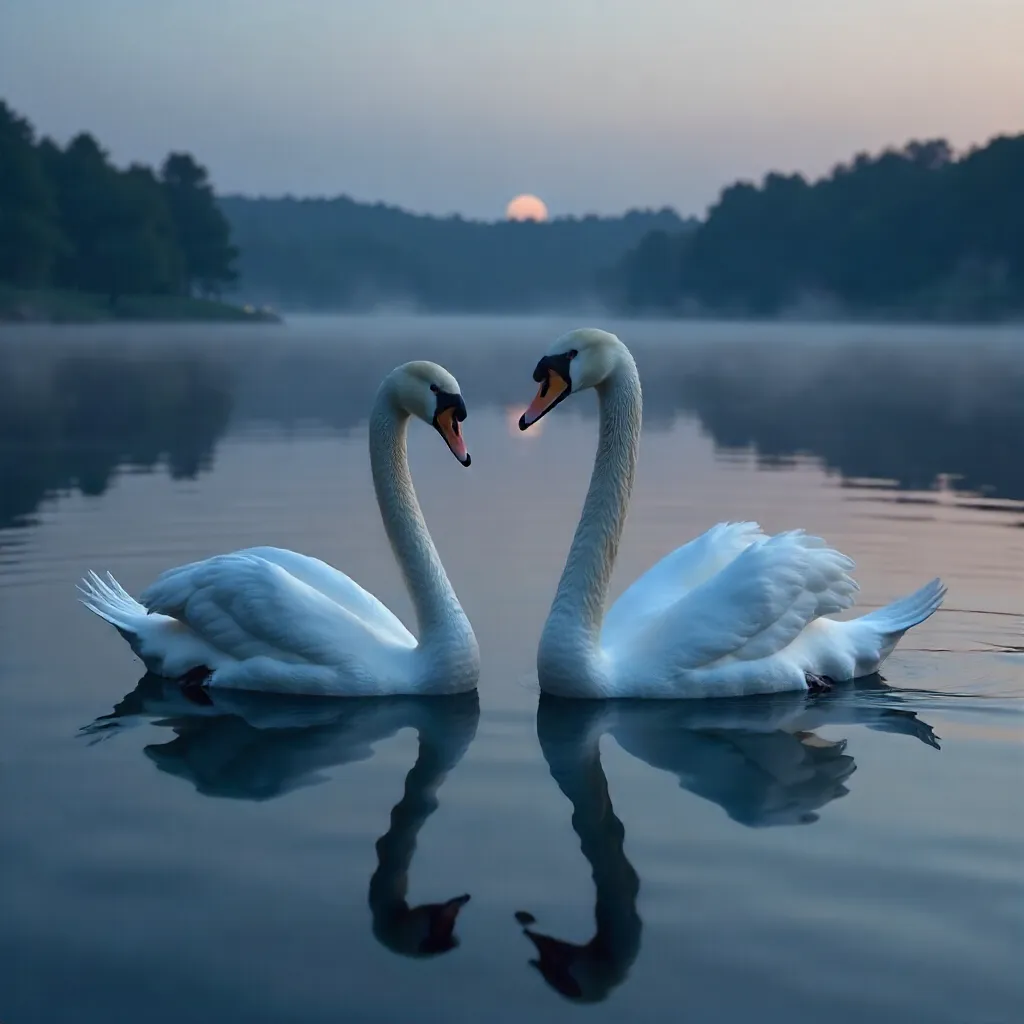 Two Elegant Swans on Dark, Still Water