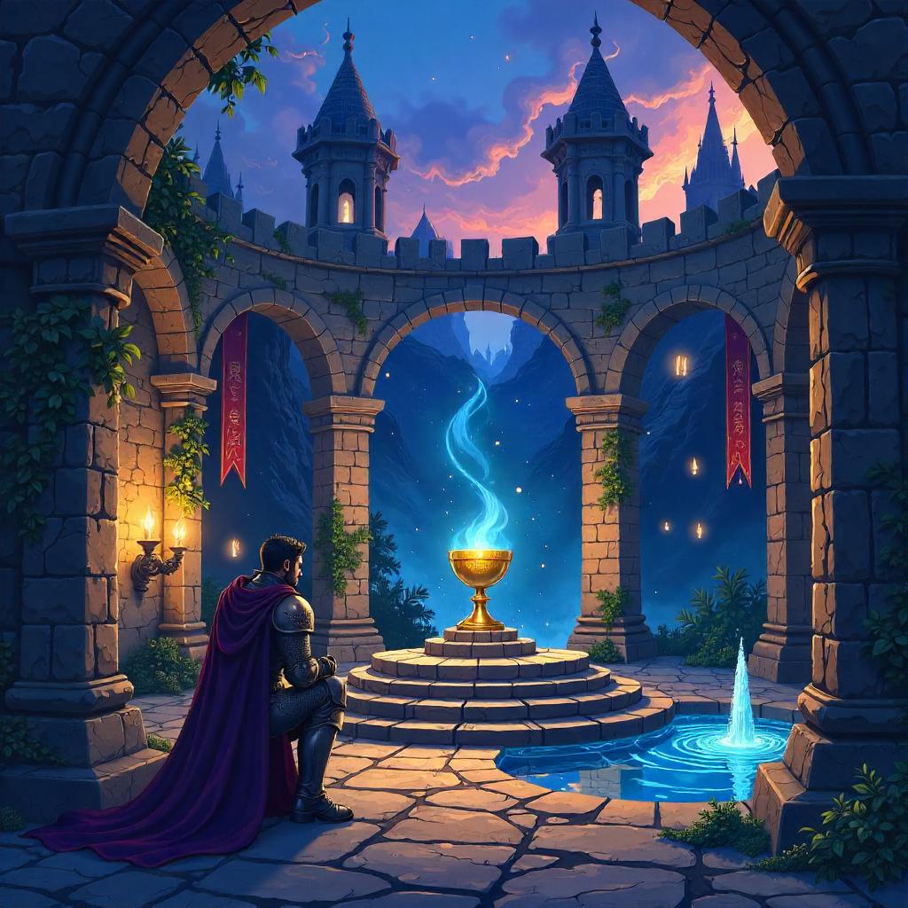 Holy Grail in an Anime Castle Courtyard