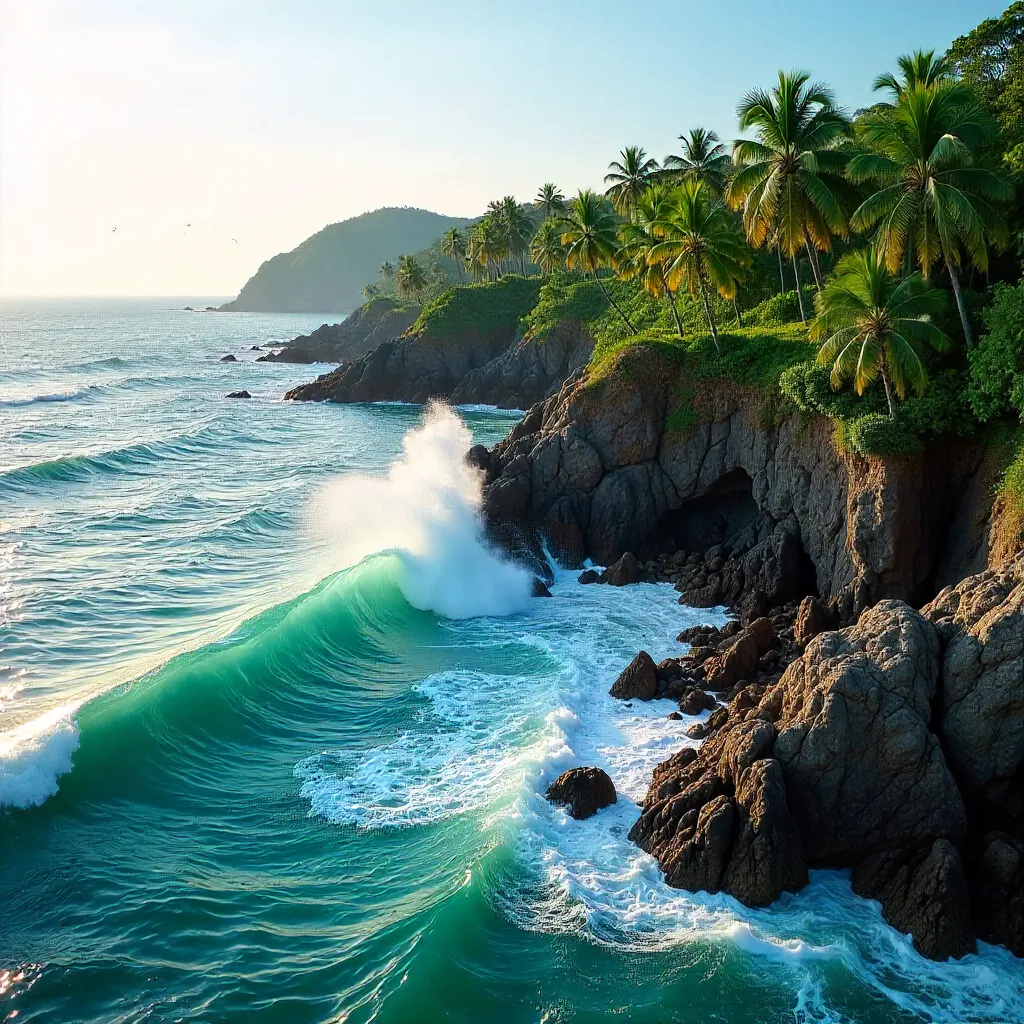 Aerial Turquoise Waves Crashing on Kerala Rocks