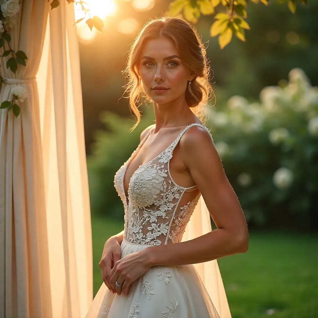 Bride in Lace Gown Amid Soft Sunlight and Flowing Curtains