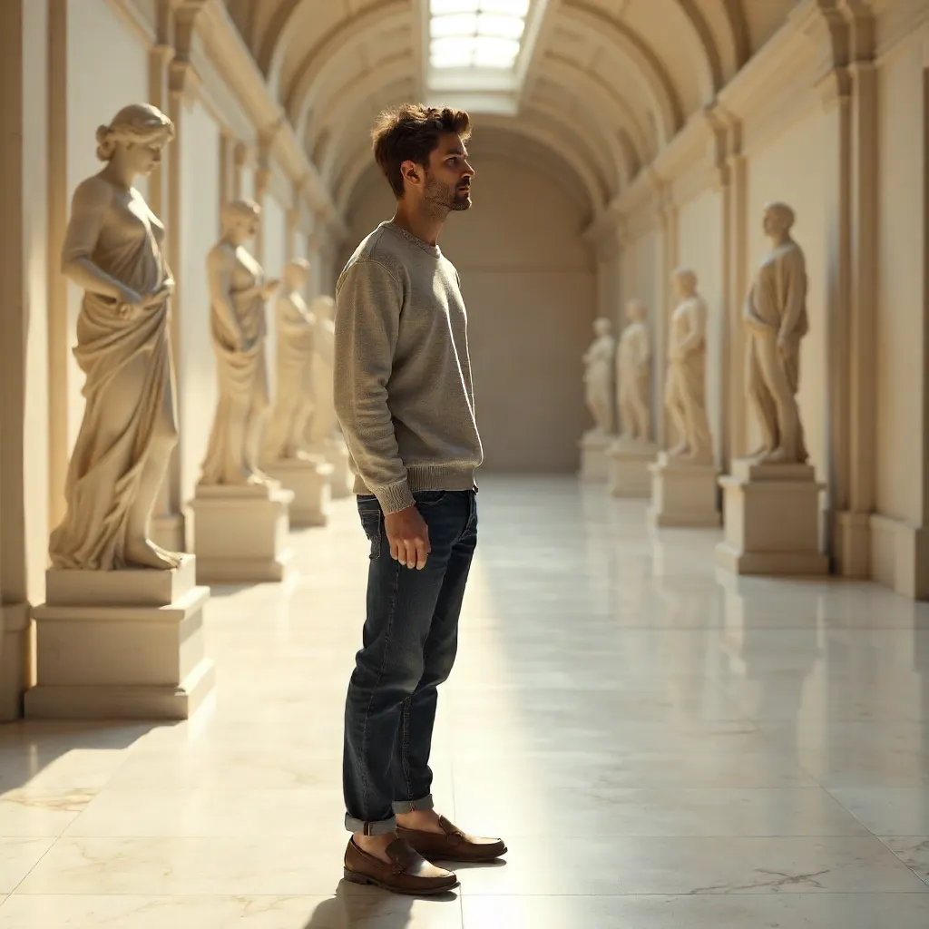 Contemplative Visitor in a Serene Classical Hall
