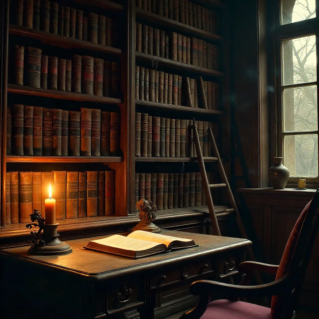 Dim Library: Old Books on a Wooden Shelf