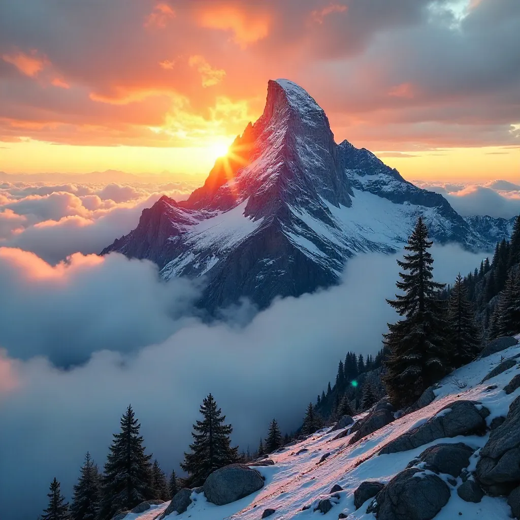 Sunrise over a serene cloud-clad peak