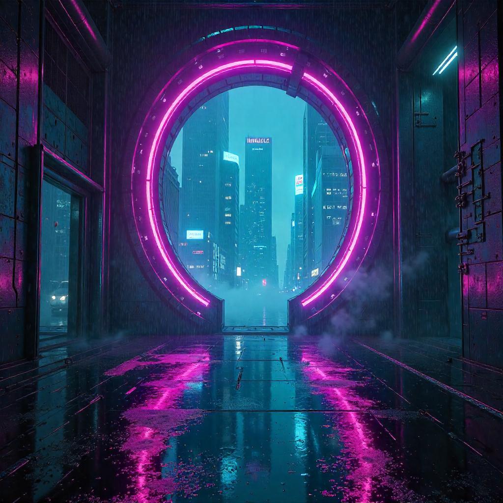 Rainlit Portal Chamber in Neon Cyberpunk City