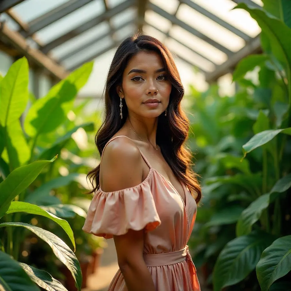 Elegant Latina Woman in a Lush Greenhouse