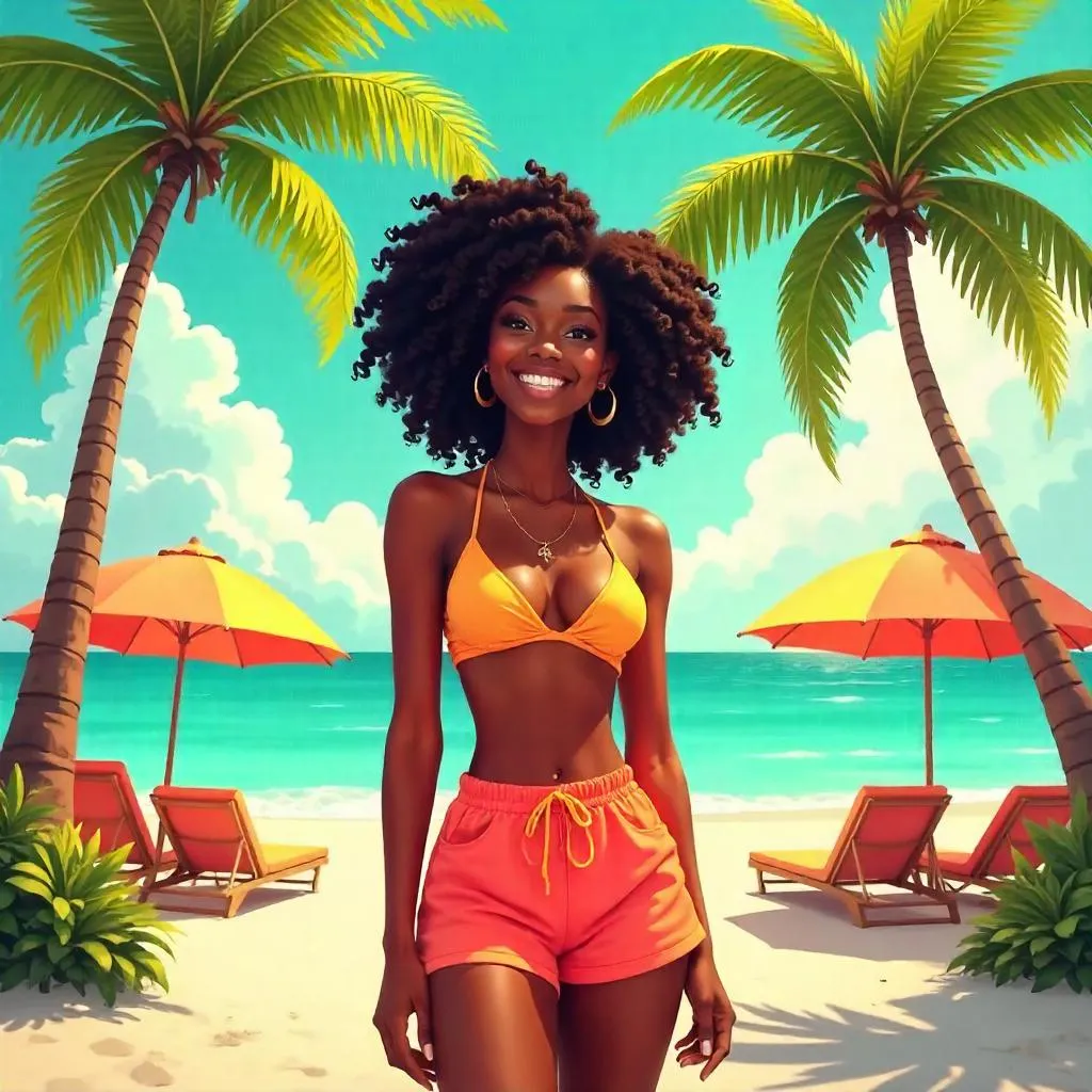 Cheerful Black Girl at a Sunny Beach Resort