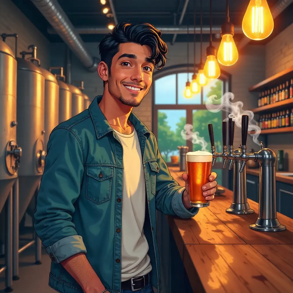 Anime-Style Young Latino Man at a Craft Brewery