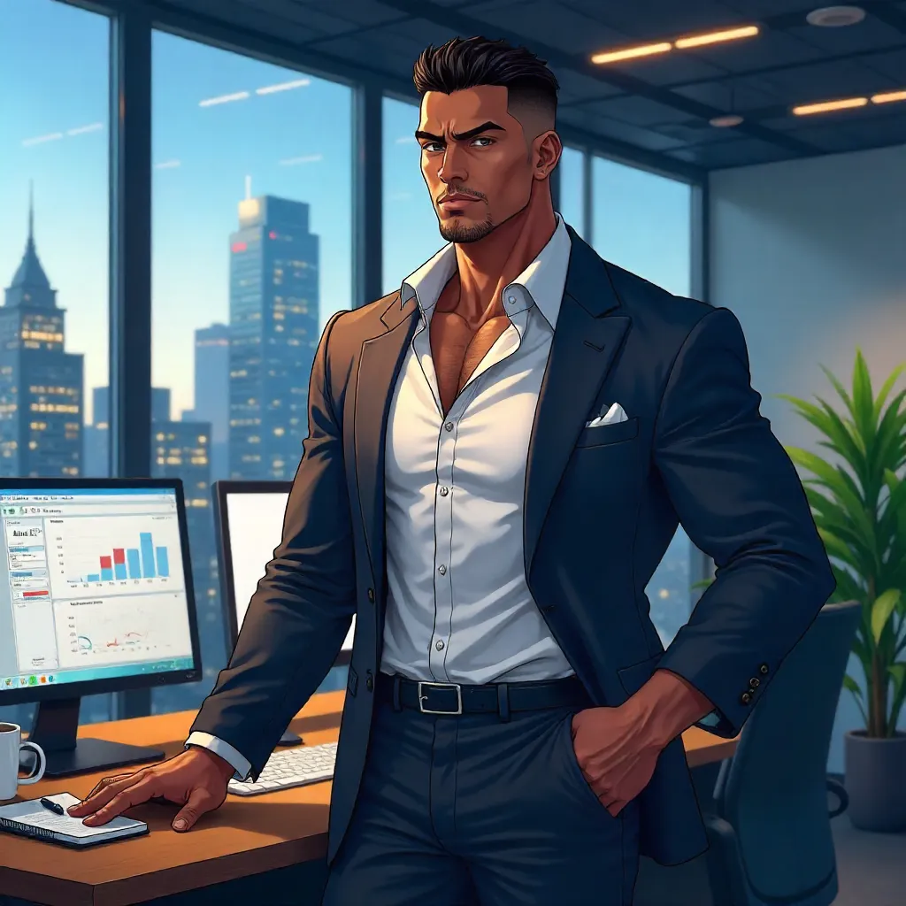 Imposing Black Man in Anime Office Workspace