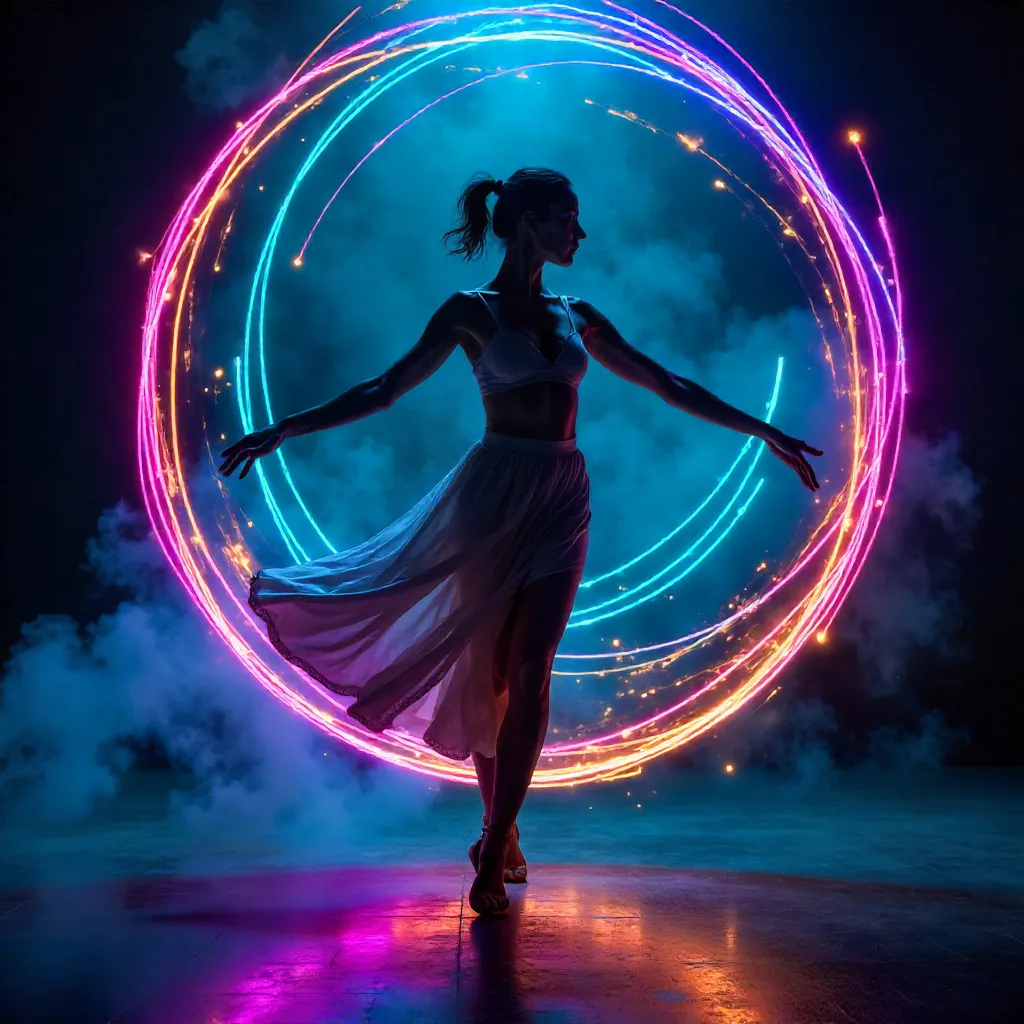 Dancer Silhouette with Neon Light Painting Backdrop