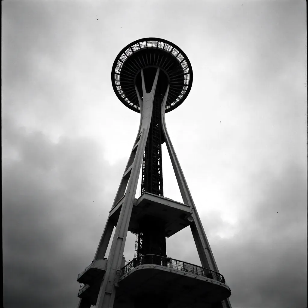 Stark Low-Angle Black-and-White Space Needle