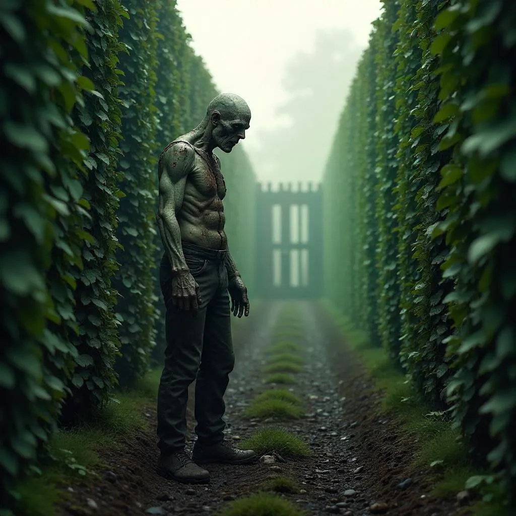 Photoreal Zombie in a Whispering Hedge Maze