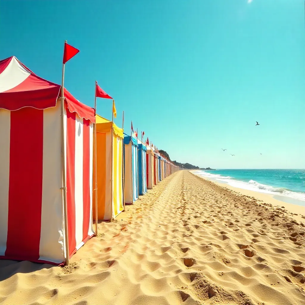 Vibrant Striped Beach Tents on a Sunny Shore