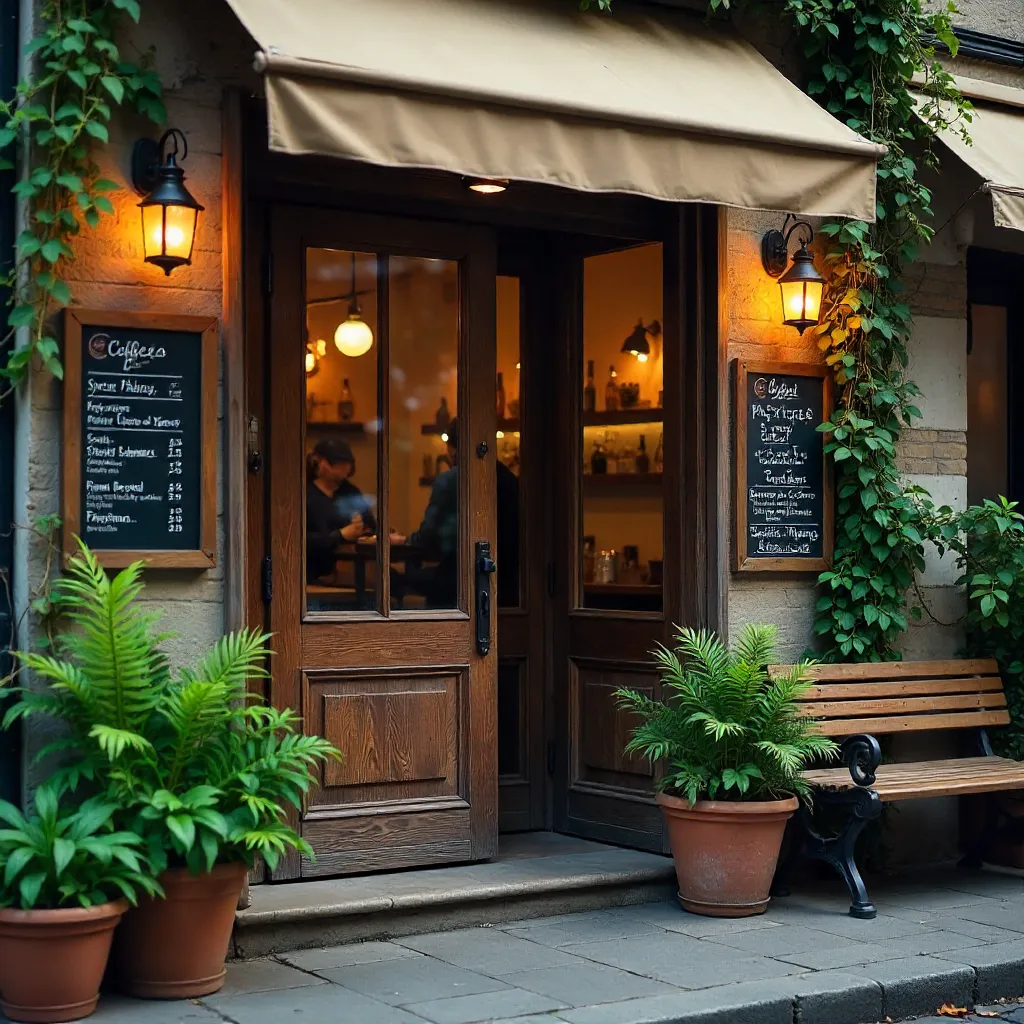 Cozy Plant-Filled Cafe Entrance with Rustic Menu