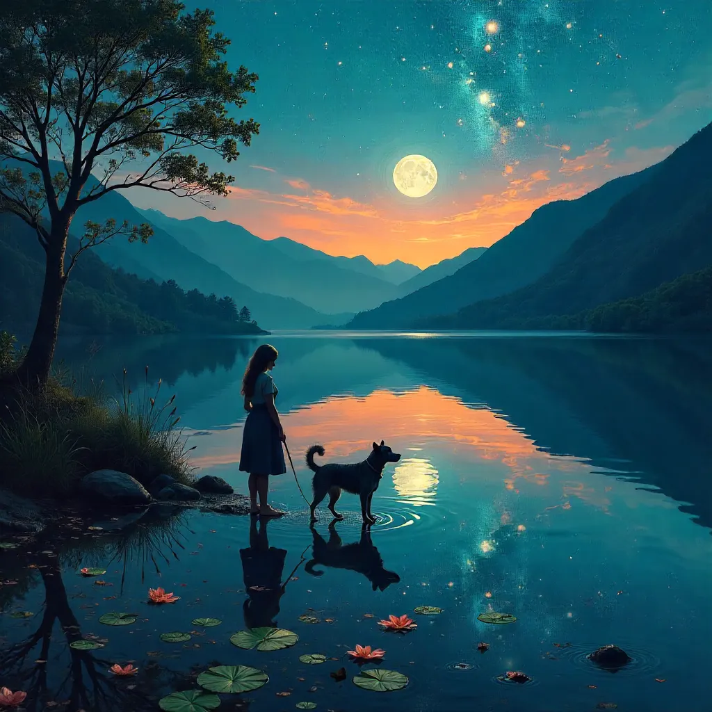 Surreal Water Reflections: Woman and Dog
