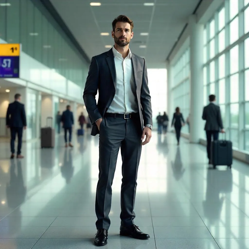 Confident White Man in a 3D Airport Concourse