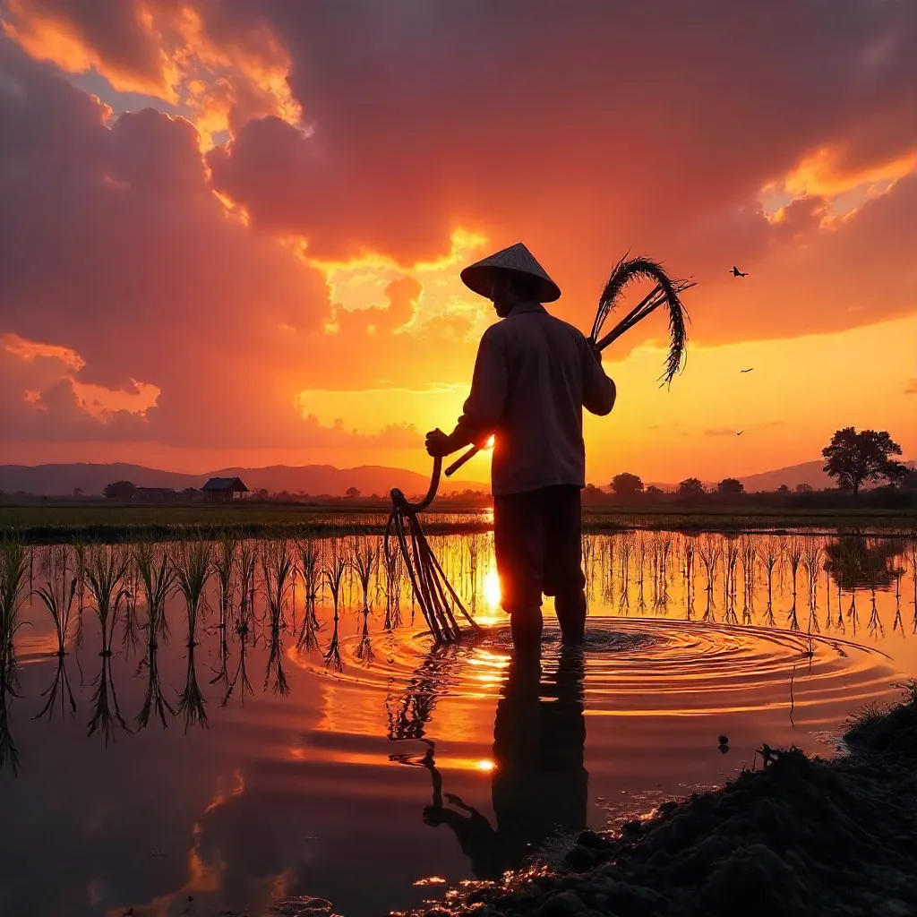 Silhouette of a Farmer at Sunset in a Rice Field