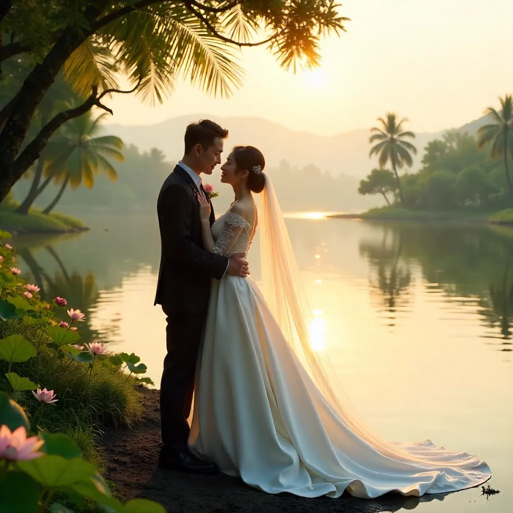 Lakeside Embrace in Dong Nai Wedding Scene