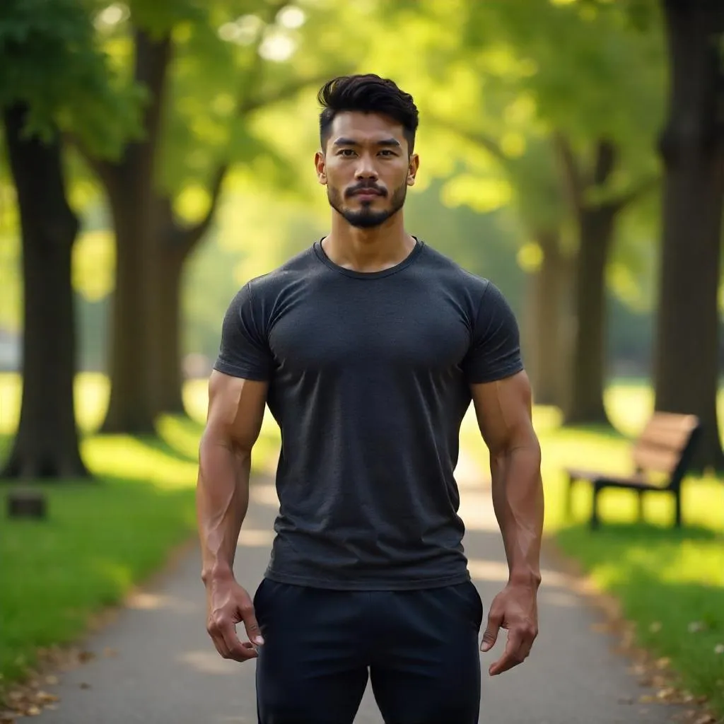 Photorealistic Strong Asian Man in a Park