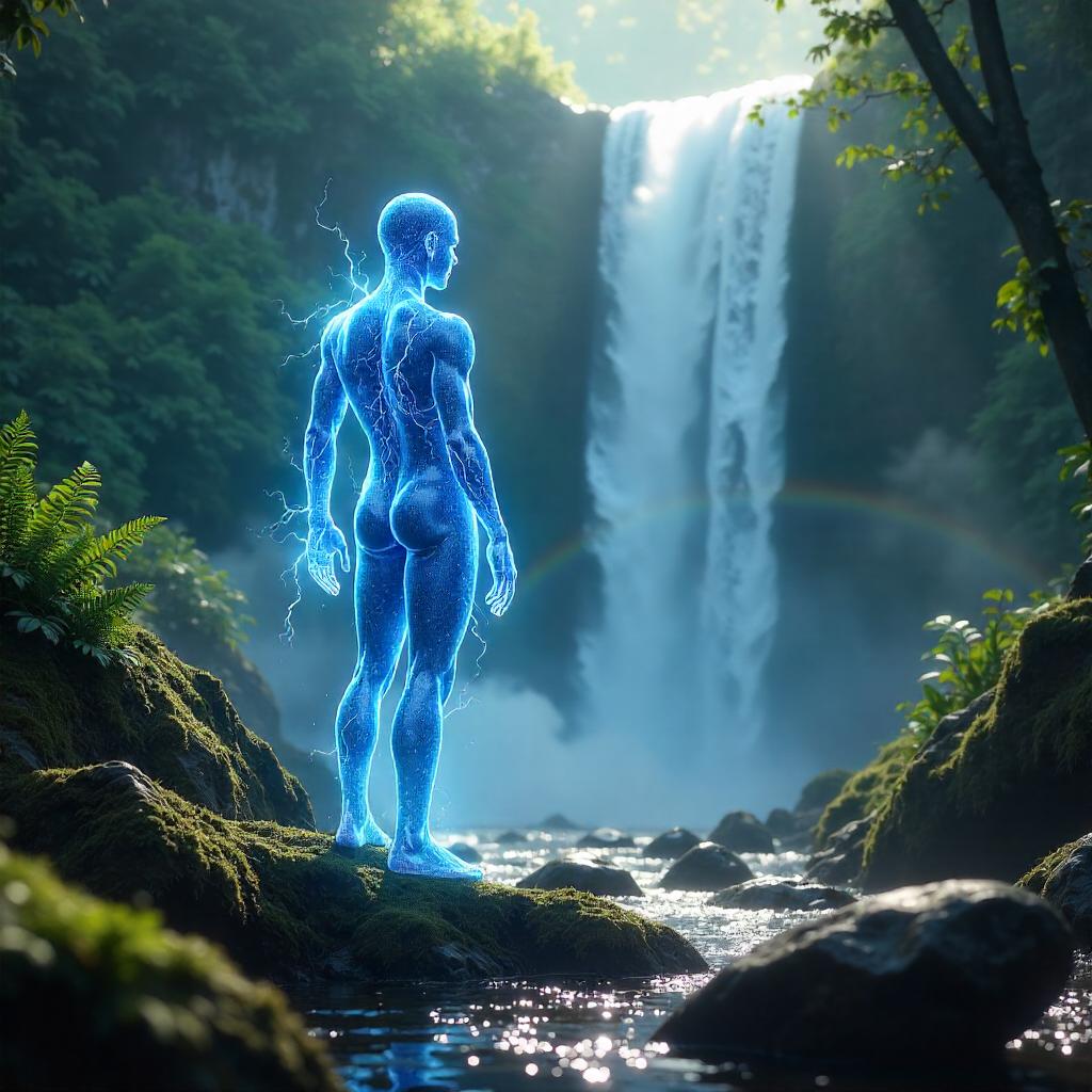 Luminescent Energy Being by a Misty Waterfall