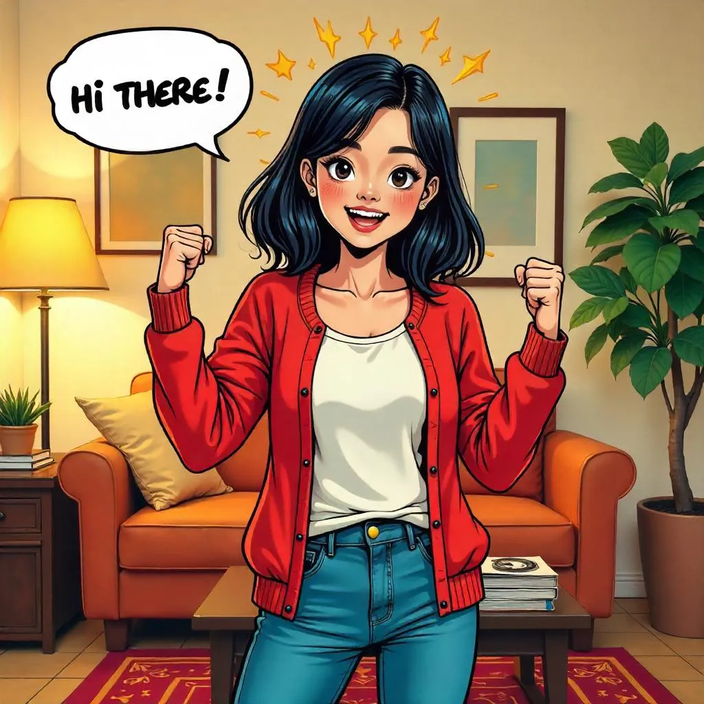 Cheerful Asian Girl in a Comic Living Room