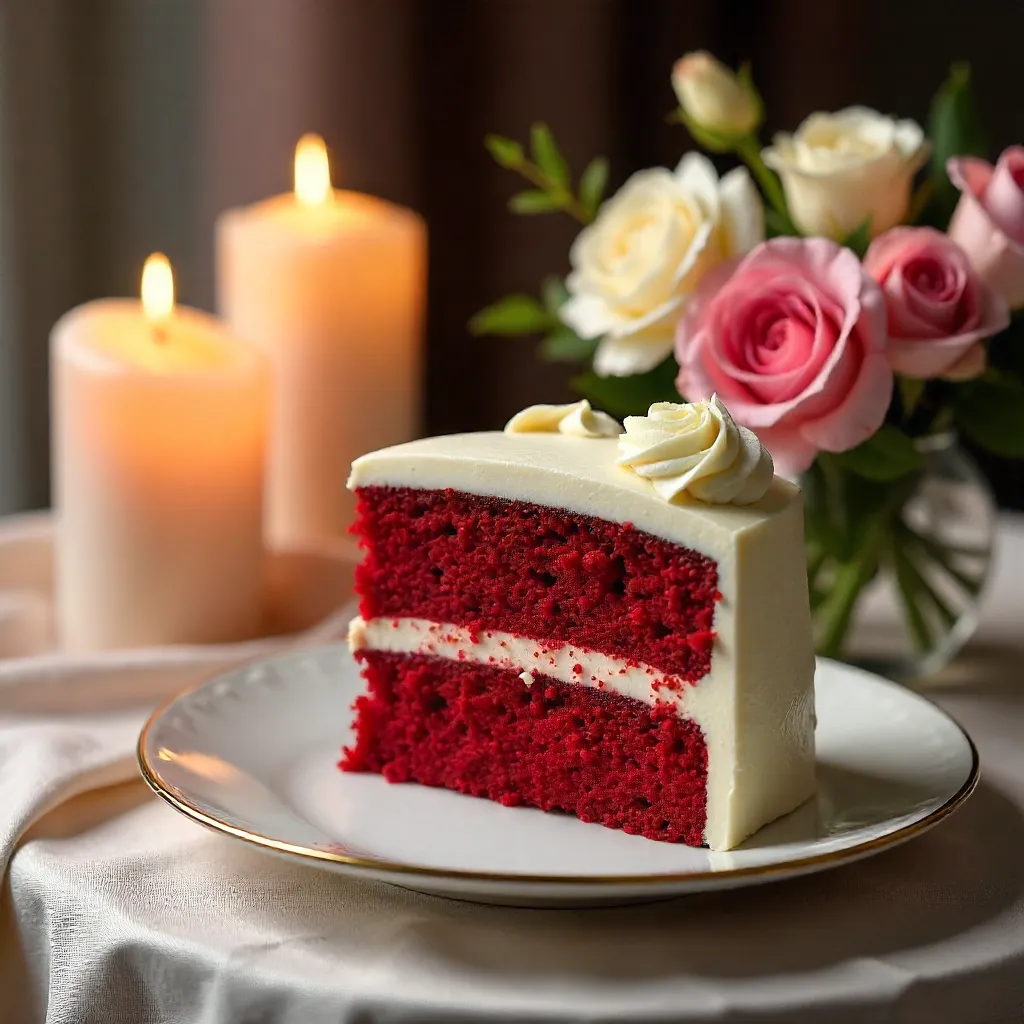 Elegant Red Velvet Cake with Cream Cheese Frosting and Roses