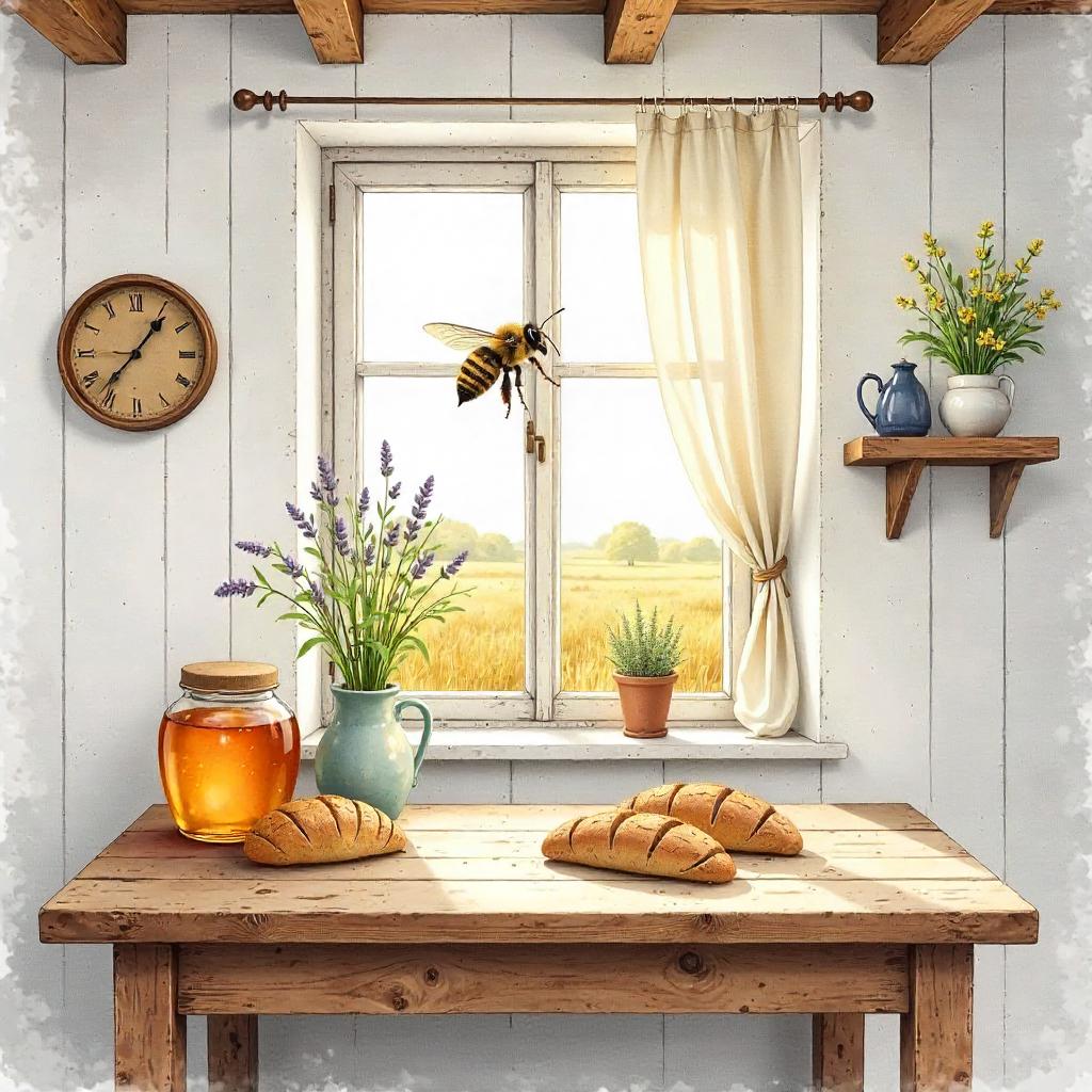Watercolor Bee in a Sunlit Farmhouse Kitchen