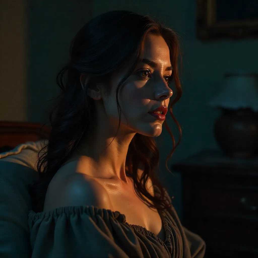 Moody Shadowed Portrait of a Contemplative Woman